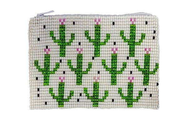 Beaded Cactus Pattern Seed Bead Coin Purse Pouch