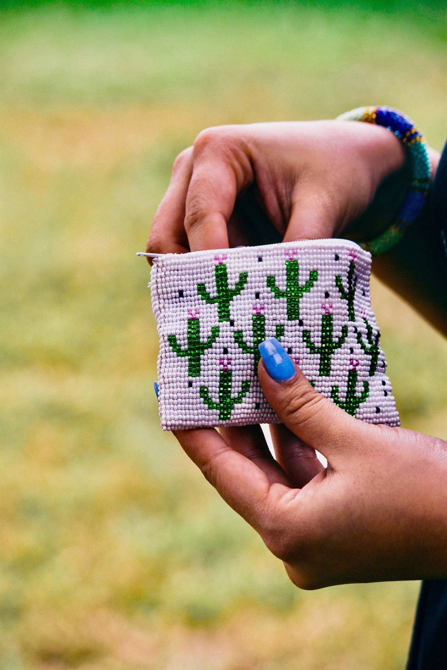 Beaded Cactus Pattern Seed Bead Coin Purse Pouch